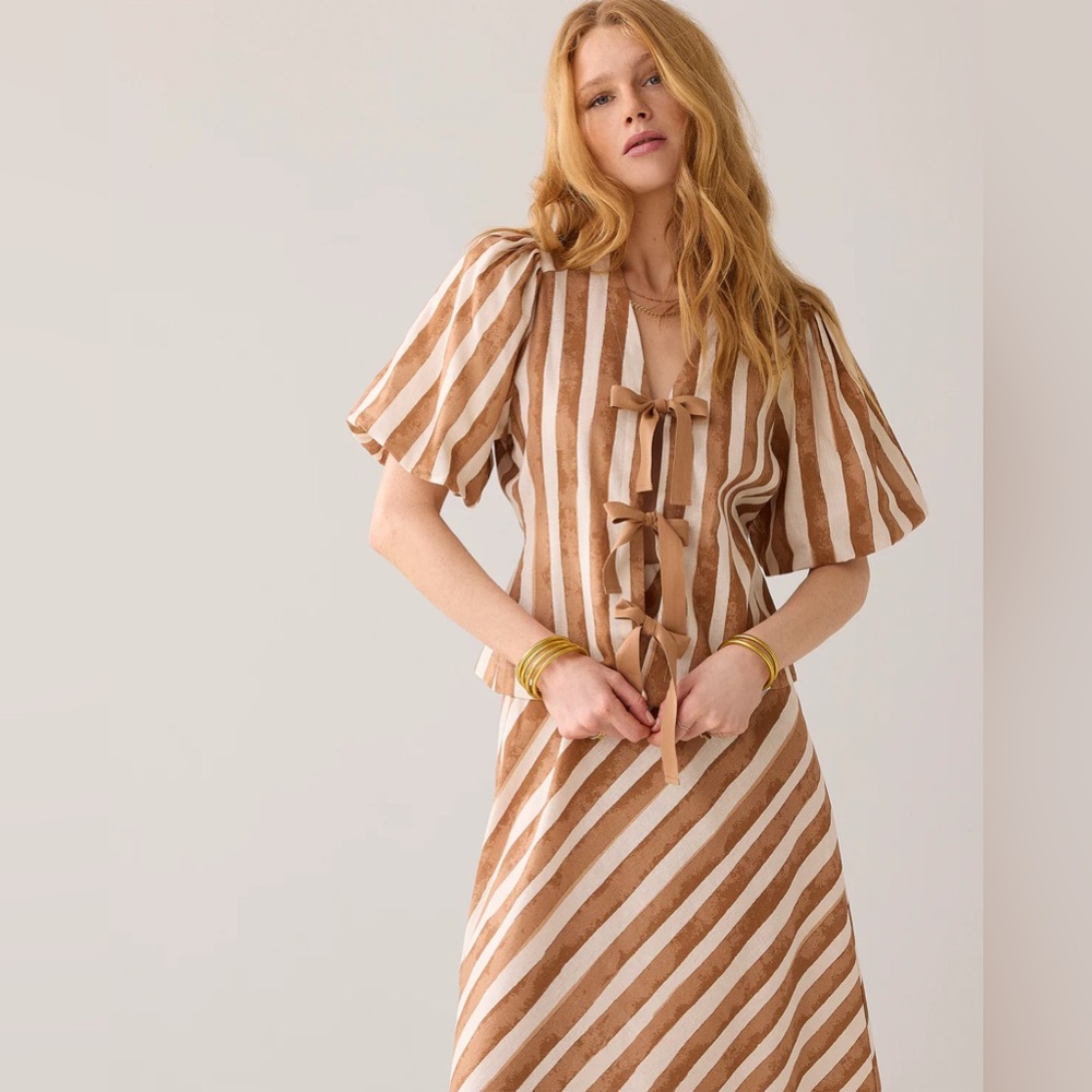 Summum NWT-Striped Brown & Cream Tie-Front Top